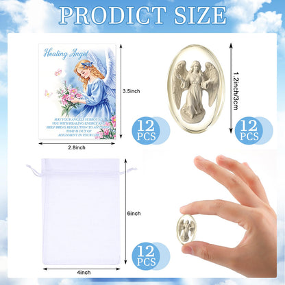 Wesiti 12 Set Healing Angel Worry Stone for Women and Girls 1.2 inch Pocket Angel with Cards Organza Bags Worry Stones for Anxiety