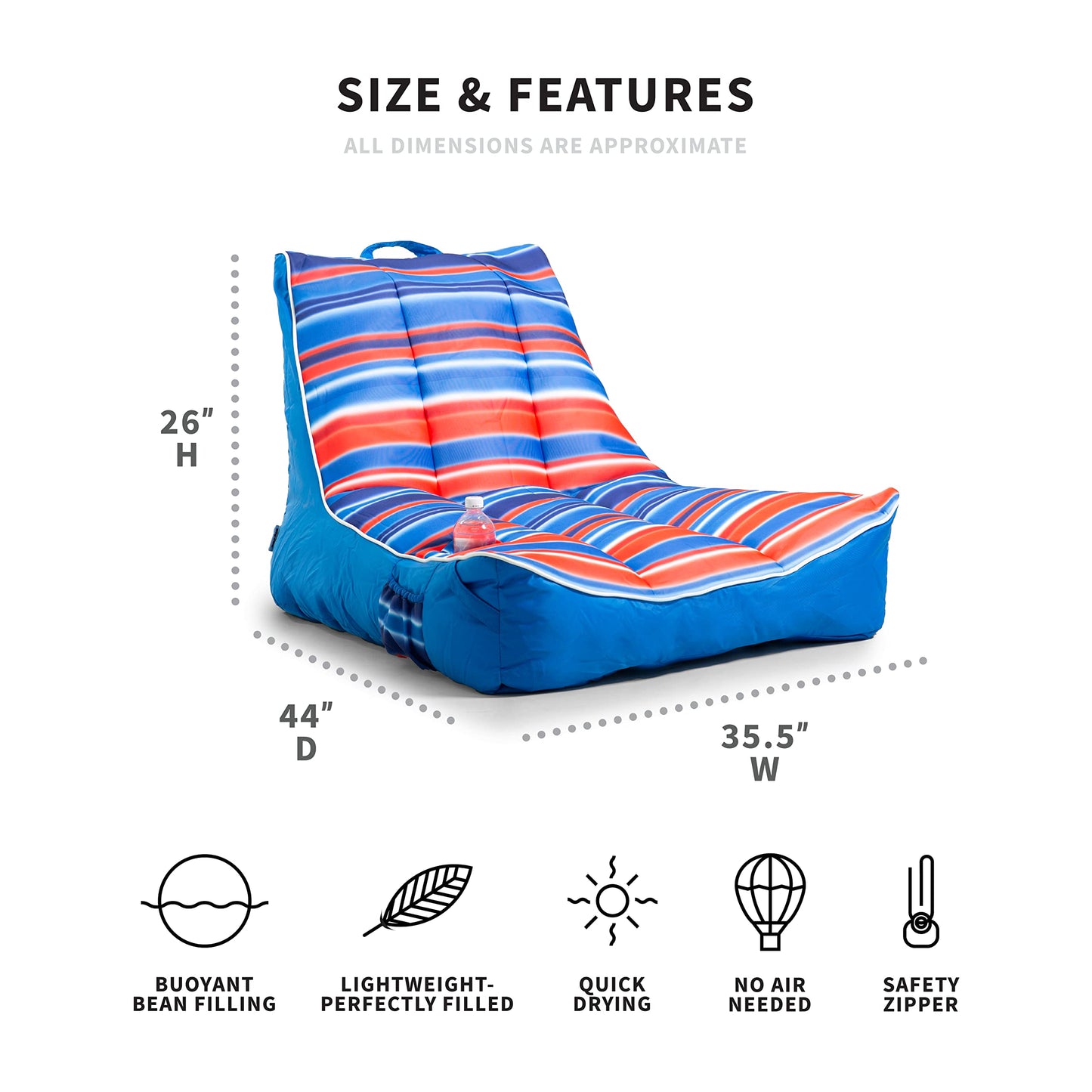 Big Joe Captain's Float No Inflation Needed Pool Lounger with Drink Holder, Blurred Americana Double Sided Mesh, 3ft