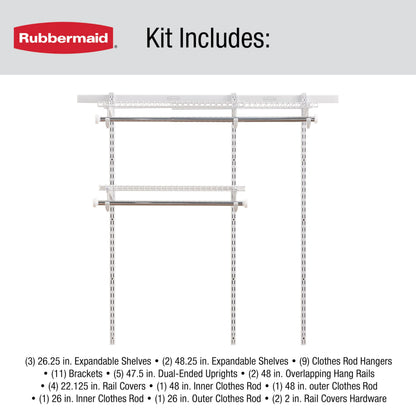 Rubbermaid Configurations Custom Closet Kit 3-6 Ft. Adjustable Metal Wire Shelving White Finish Expandable Organization System Hardware Included for Home Closet/Pantry/Laundry/Mudroom