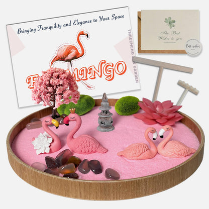 Threeheng Flamingo Zen Garden for Desk - Pink Flamingo Decor, Sand Tray Therapy Kit for Desk and Office, Cute Japanese Décor Gift for Women, Mini Zen Garden for Relaxation and Stress Relief