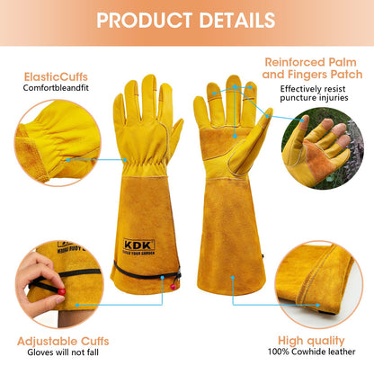KDK Long Cowhide Gardening Gloves for Women Men, Thorn Proof Garden Gloves for Rose Pruning, Cactus Heavy Duty Gauntlet (L)
