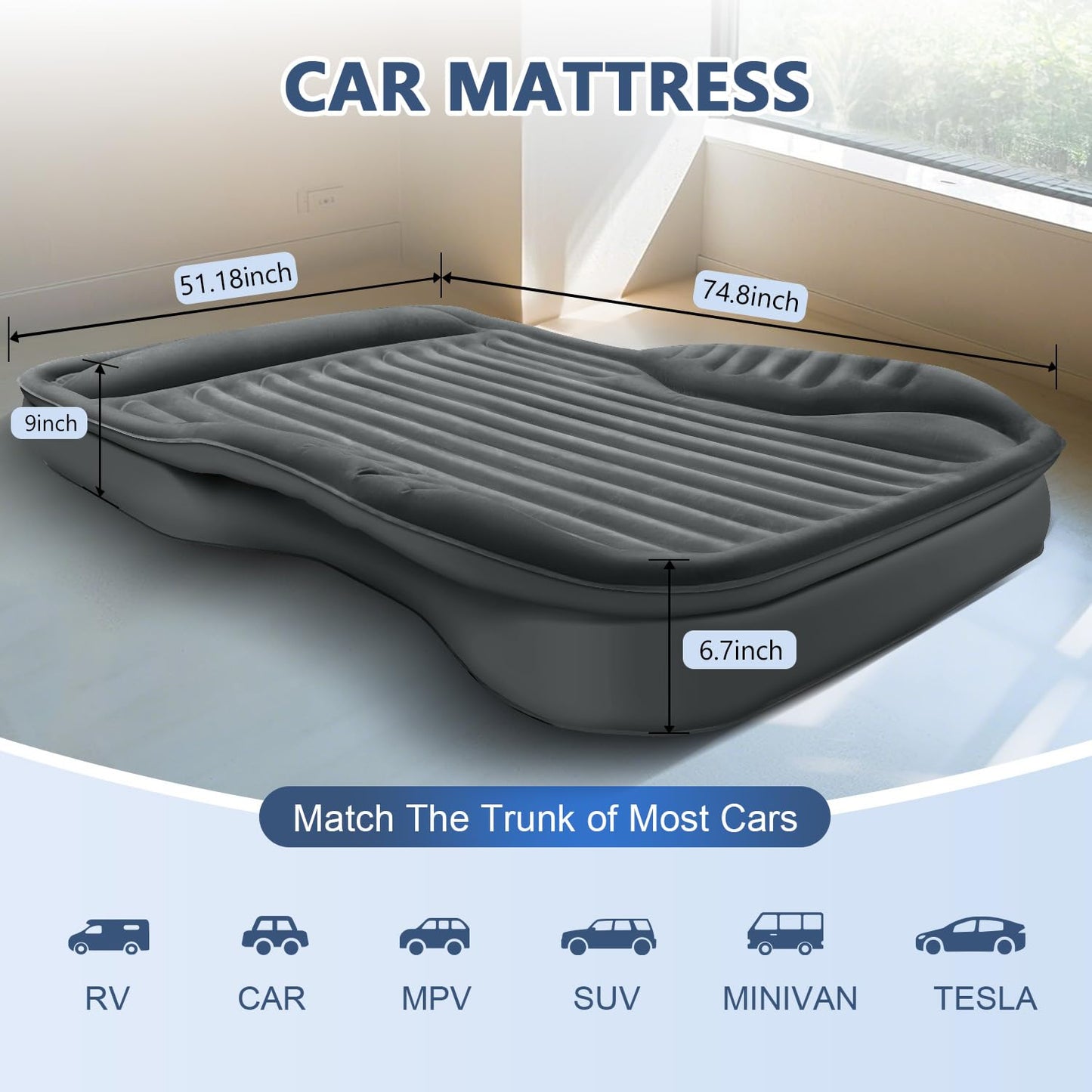 AKUDY Self-Inflating SUV Air Mattress with Built in Electric Pump，car air Mattress with Pillow for Trunk，Portable car Mattress for Travle and Camping, Dark Grey