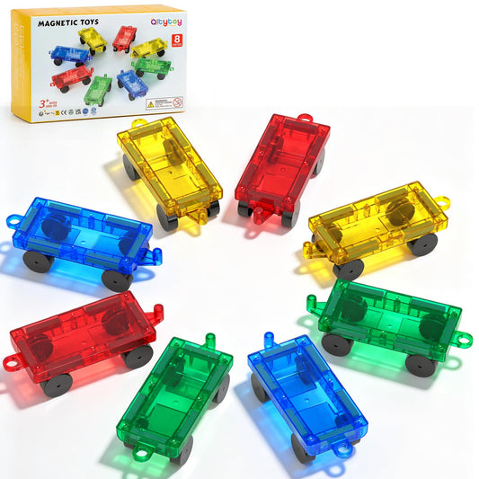8PCS Magnetic Tiles Mini Cars Construction Set Compatible with Mini & Major Tiles, Magnet Car Easter Toys for 3+ Year Old Boys Girls Kids,STEM Educational Portable Travel Toys for Airplane,Car Play