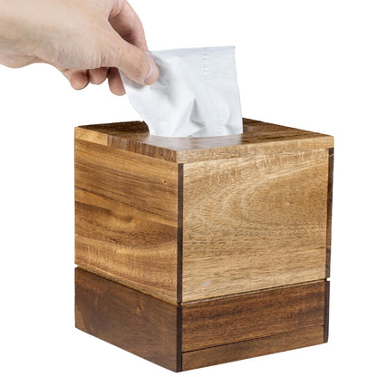 MyGift Premium Dual Tone Solid Acacia Wood Square Bathroom Facial Tissue Box Dispenser Holder Cover with Slide-Out Bottom Panel, 5.5 x 5.5 x 6.3 Inches