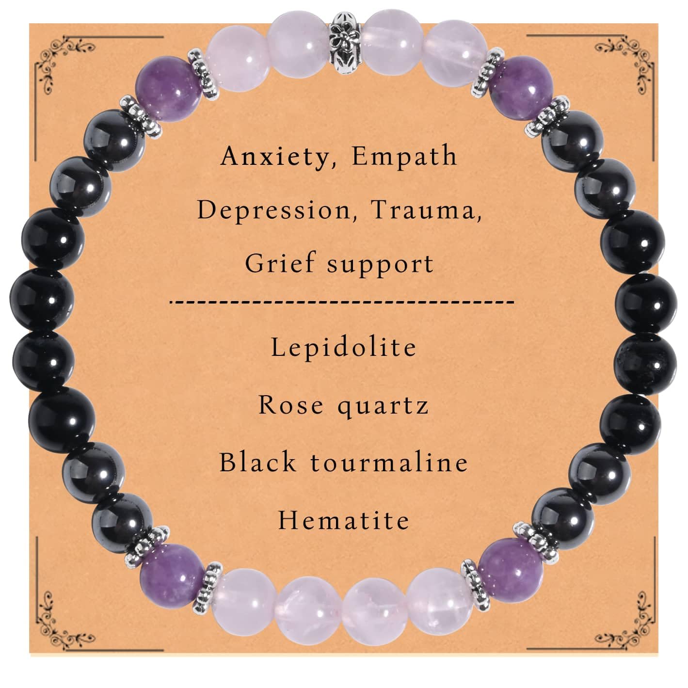 Gracayfr Anxiety Relief Bracelet Empath Protection Black Tourmaline Hematite Lepidolite Rose Quartz Healing Crystal Grief Support Items Jewelry Halloween Christmas Day Gifts For Women Lepi Ros