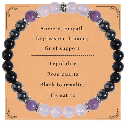 Gracayfr Anxiety Relief Bracelet Empath Protection Black Tourmaline Hematite Lepidolite Rose Quartz Healing Crystal Grief Support Items Jewelry Halloween Christmas Day Gifts For Women Lepi Ros