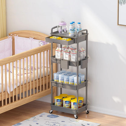 LLMRR 4 Tier Rolling Utility Cart with Drawer, Plastic Storage Organizer Rolling Carts with Wheels Handles Hanging Cups Hooks for Office, Bathroom, Kitchen,Craft Art Room (Grey)