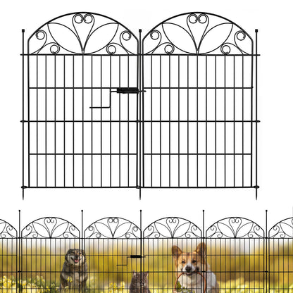 12 Panels No Dig Garden Fence with Gate, 32" H x 22.4ft, Decorative Metal Animal Barrier Dog Fence Outdoor for Yard, Walk-Through Iron Fencing for Flower Bed, Patio & Lawn