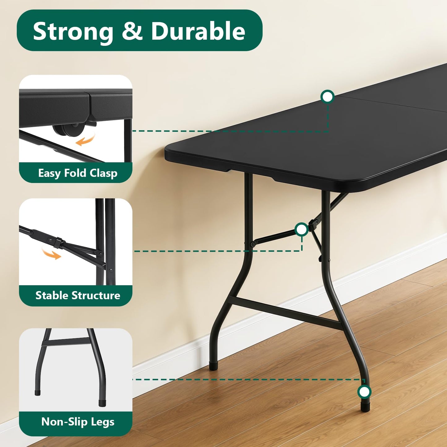 MAKE CHANGES 6FT Folding Table, Heavy Duty Plastic Fold-in-Half Utility Table with Handle, Portable Camping Picnic Table with Steel Legs for Indoor Outdoor Party, Dining, Black,2 Pack