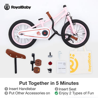 RoyalBaby Terra EZ Kids Bike, Easy Learn Balancing to Biking, 14 Inch Balance & Pedal Bicycle, Instant Assembly Toddlers Boys Girls Ages 3-6 Years, 14" Pink
