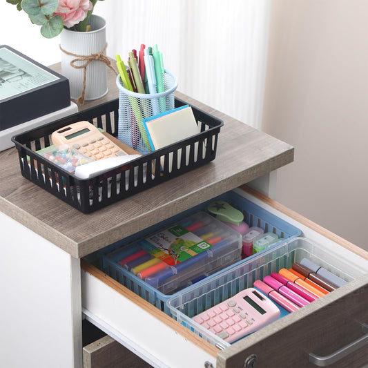 Wenqik 6 Pack Small Plastic Baskets for Organizing, 10 x 6.5 x 2.4 Inch Rectangle Mesh Storage Bins, Flat Drawer Organizer Trays for Classroom, Desk, Office, Medication & Shelves(Mixed Colors)