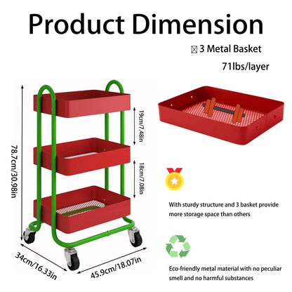 Elitehouse Metal Rolling Cart,3-Tier Metal Rolling Cart with Wheels,3 Tier Utility Cart with Wheels for Office,Home,Kitchen,Garden（13.4"x18.1"x31"） Red+Green