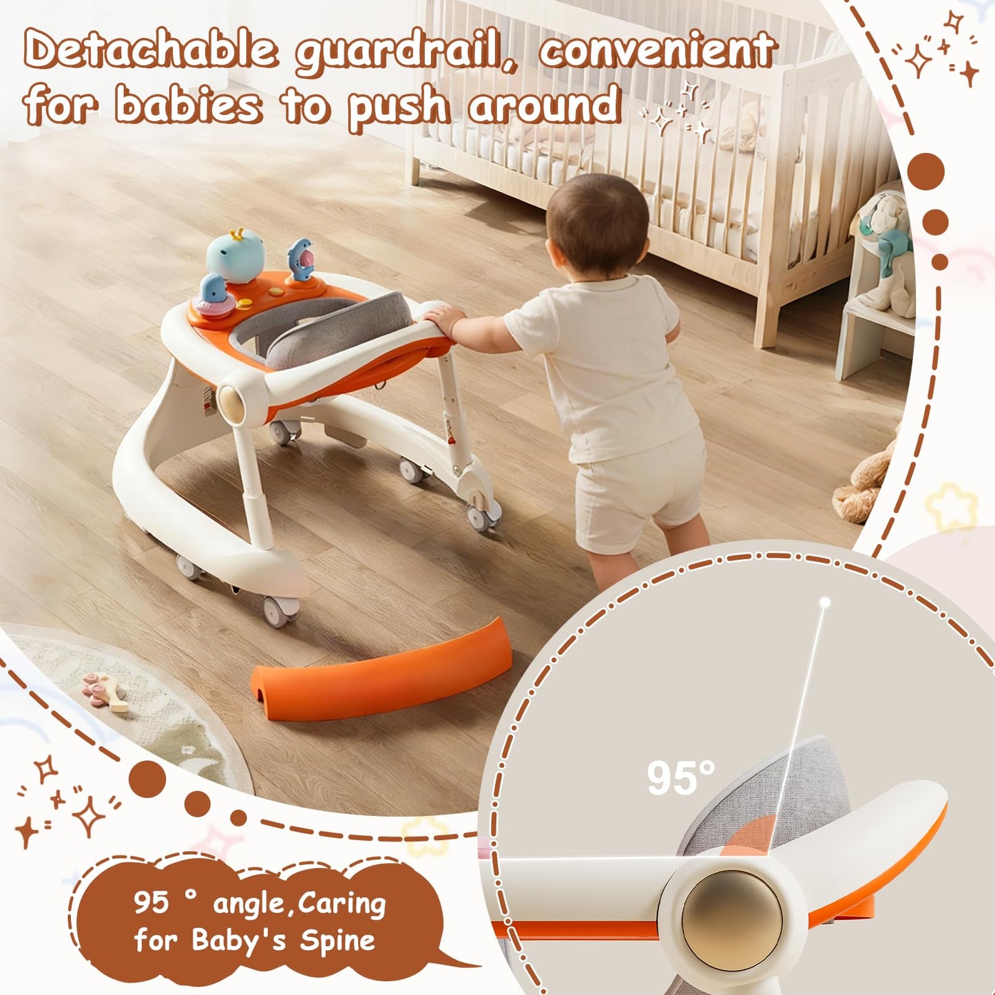 Baby Walker with Wheels, 5-in-1 Foldable Baby Walker for Boys and Girls 7-18 Months with Adjustable Height Detachable Seat and Music Tray Baby Activity Walker, Anti-Fall Activity Center for Boys Girls