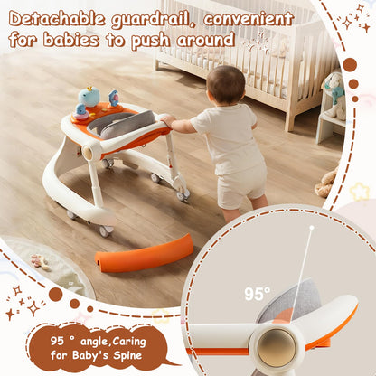 Baby Walker with Wheels, 5-in-1 Foldable Baby Walker for Boys and Girls 7-18 Months with Adjustable Height Detachable Seat and Music Tray Baby Activity Walker, Anti-Fall Activity Center for Boys Girls