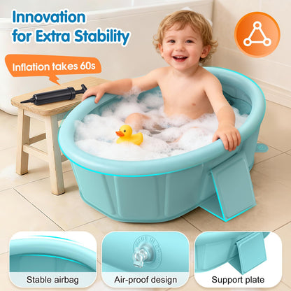 Baby Bathtub with Inflatable Top Edge, Extra Stable Infant Bath Tub, Collapsible & Portable for Baby Bath Time, No Tilt Design for 12M-6Y Toddler, No Assembly for Travel Shower