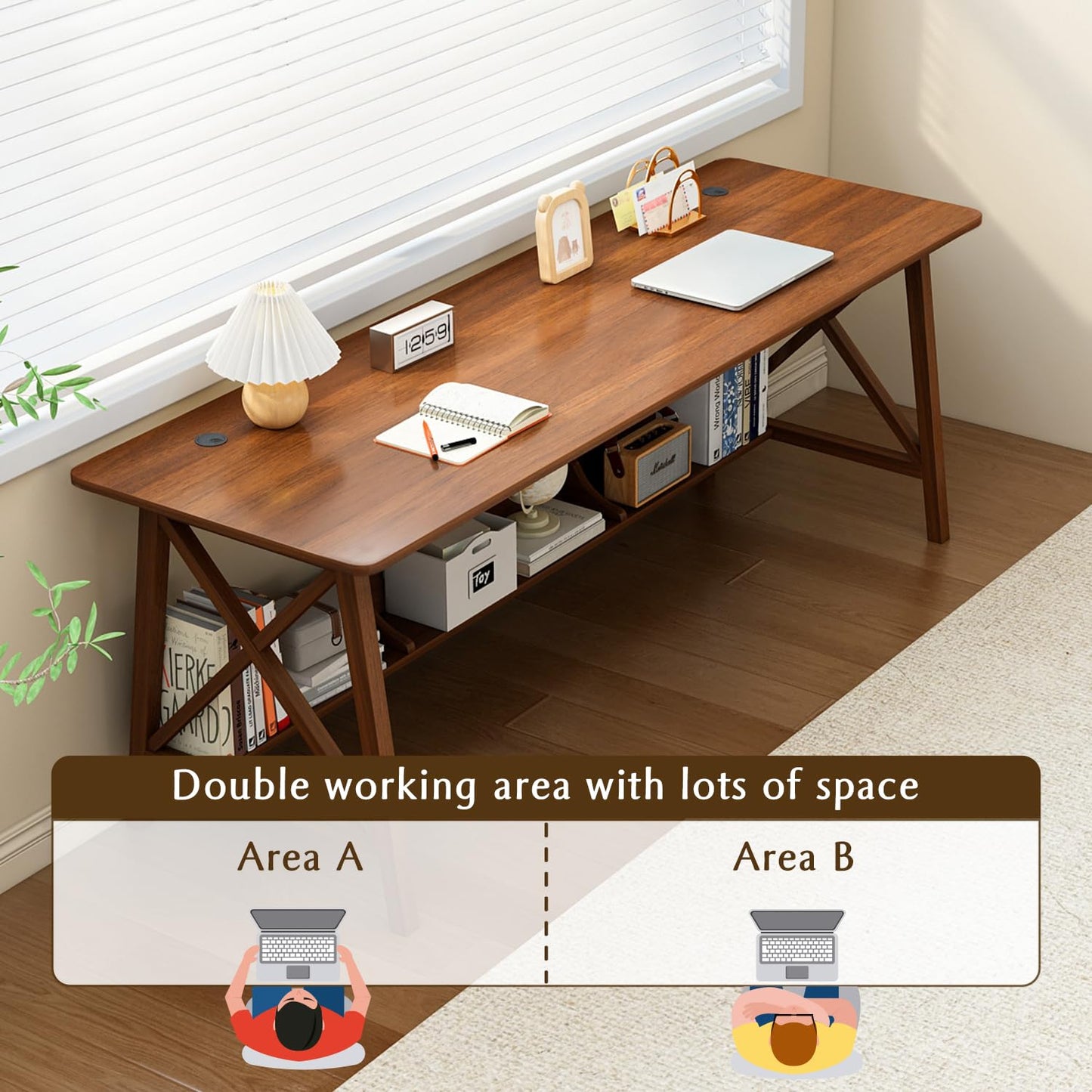 NELYE Extra Long Desk with Bookshelf - Wooden Home Office Work Study Table, Writing Computer Workstation with Storage Shelf in Wanut, 47" Wx16 Dx30 H