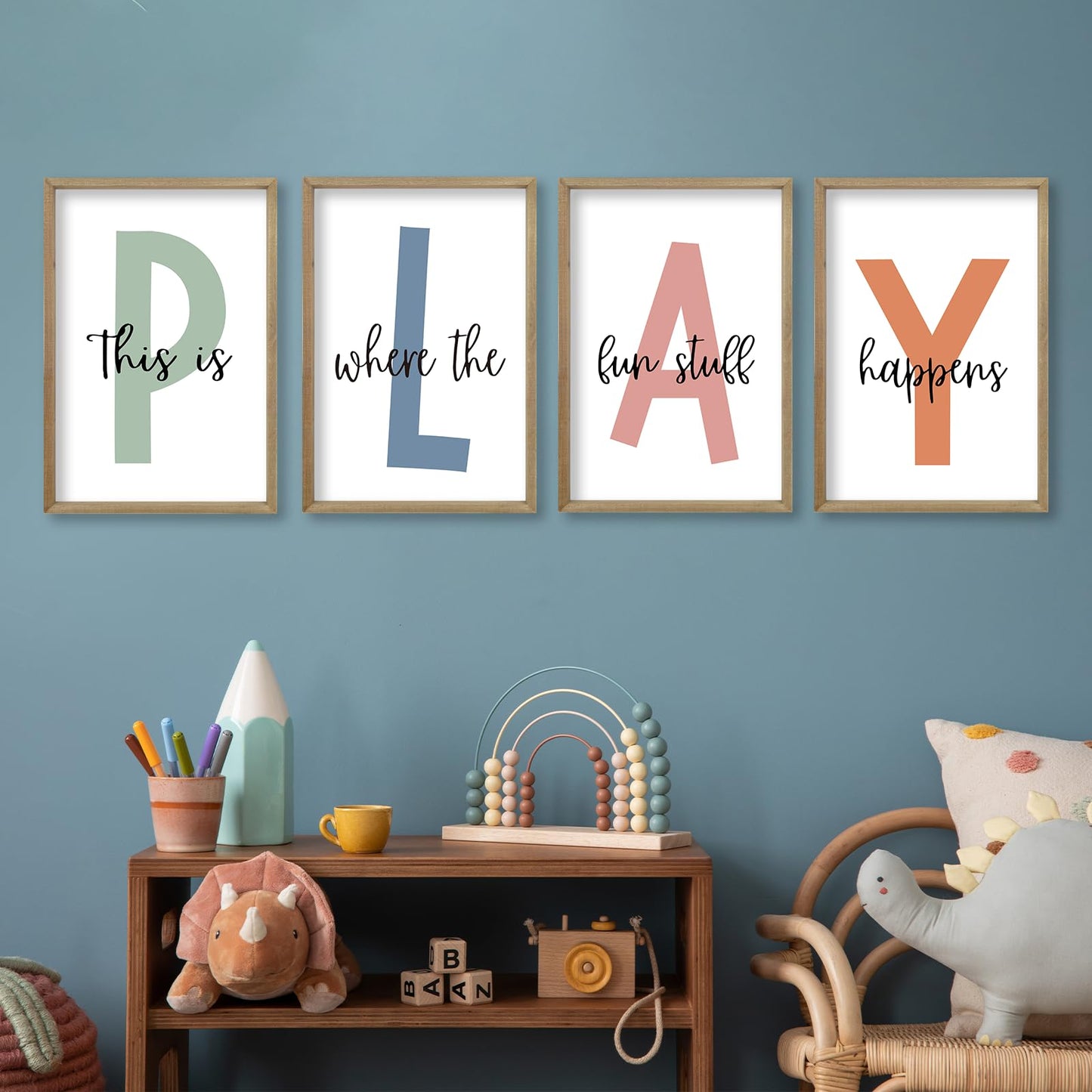 This Is Where The Fun Stuff Happens Kids Playroom Wall Art 11x16 Inch Set Of 4 Rustic Kids Wood Framed Boy Sign Toddler Modren Nursery Interesting Let's Play Prints Wall Hang Decor (Wood)
