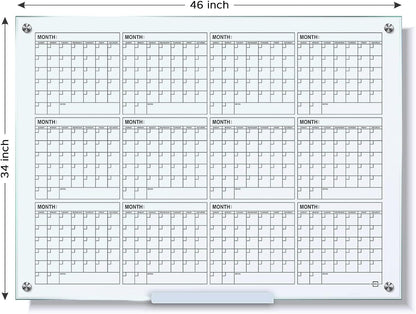34"x46" Glass Whiteboard Calendar yearly Planner White Board 12 Month Dry Erase for Wall Glass Calendar Whiteboard Large Wall Calendar 2026