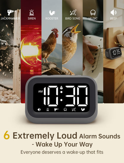 Acedeck Super Loud Alarm Clock: 115dB Dual Alarms and 6 Alarm Sounds for Heavy Sleepers - Adult Shift Workers in Bedroom or Daily Wake-Up Use - Gray