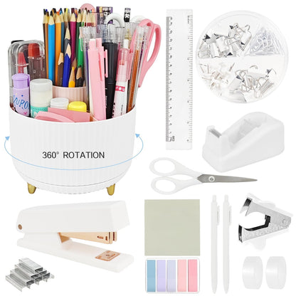 Ovatt White Desk Organizer Set - 15-Piece Office Supplies with 360° Rotating Pen Holder, Stapler, Tape Dispenser & Clips for Home Office