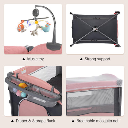 Soobaby 5 in 1 Baby Crib,Baby Bassinet, Bedside Cribs, Pack and Play with Changing Table, Portable Travel bedToys & Music Box,Mattress for Girl Boy Infant Newborn (Pink)