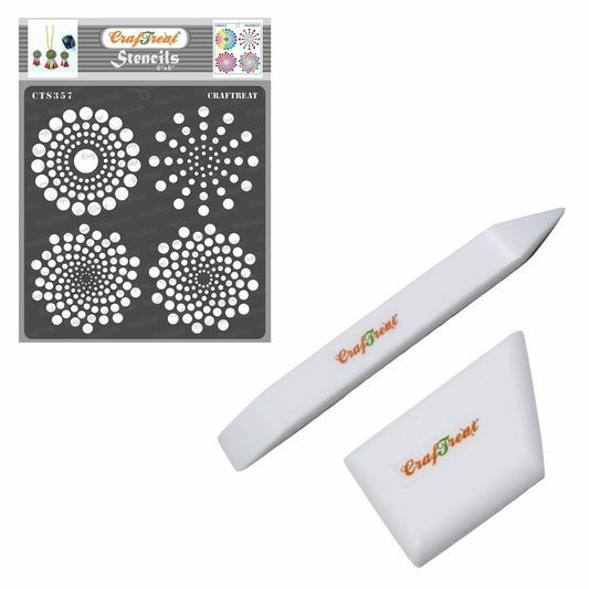 CrafTreat Craft Bundle: Dot Mandala Stencil (6x6 Inch) and Teflon Bone Folder Tool Set - Reusable Stencil for Dots and Spiral Patterns, and Ergonomic Scoring Tools for Paper Crafting and Leather Work