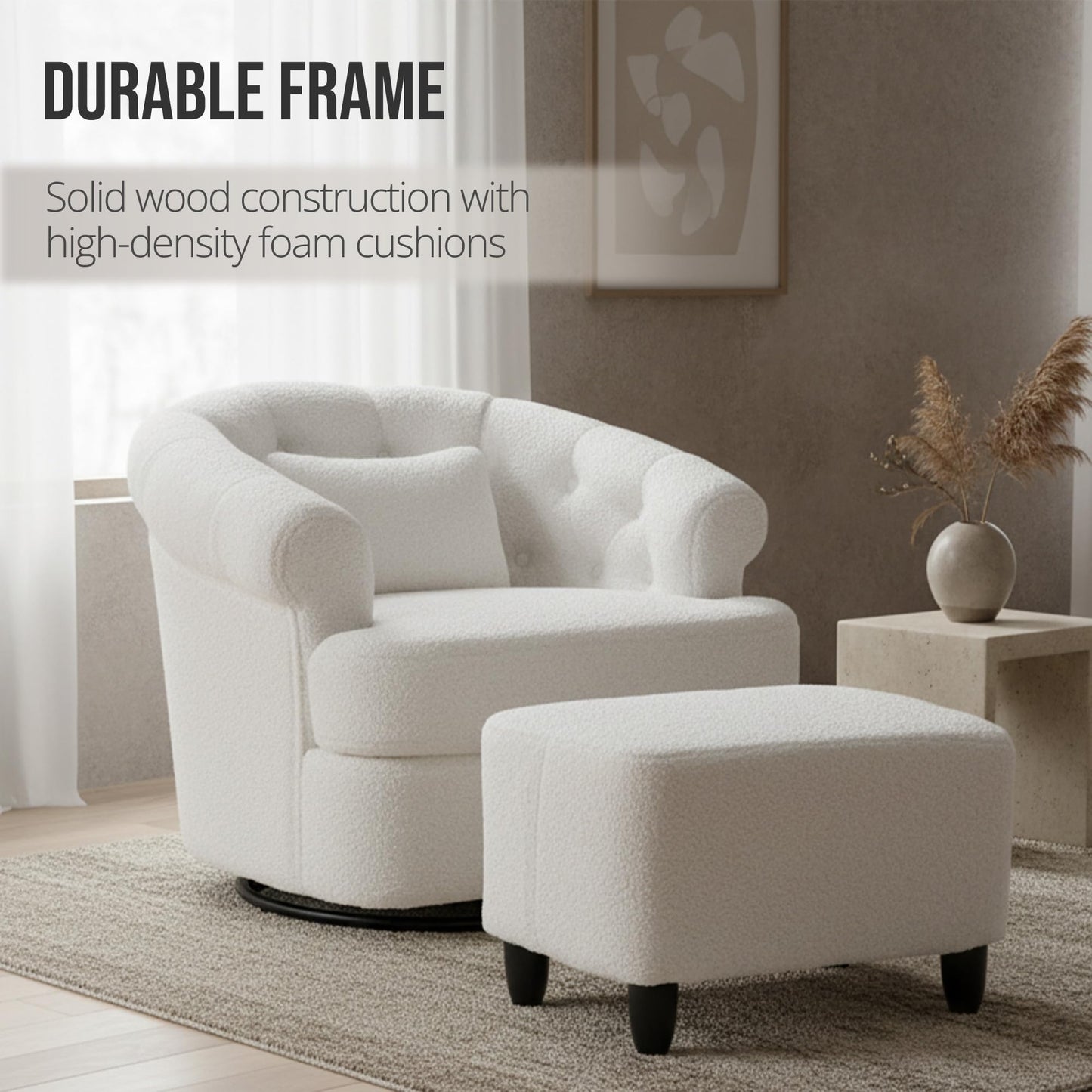 Wismestr Barrel Swivel Accent Chair - Modern Comfy Boucle Armchair with Ottoman, Round Upholstered Sofa Lounge Chairs Set for Living Room, Bedroom, Reading Corner, Small Spaces (Beige)