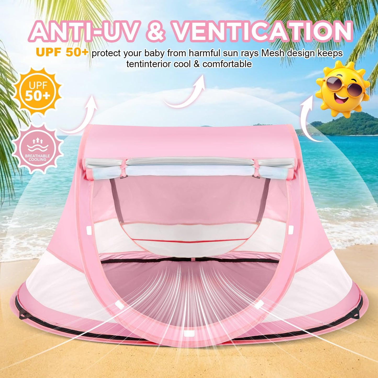 Baby Beach Tent, Pop Up Beach Tent Sun Shade for Beach, UPF 50+ UV Protection Sun Shelters for Infants with Carry Bag for Outdoor Travel, Camping(Pink)