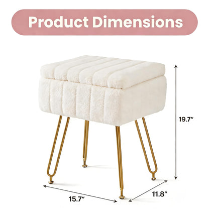 CLICKBIN 16" Teddy Fabric Storage Ottoman, Plush Vanity Stool with Hidden Storage for Bedroom, Living Room, Beige