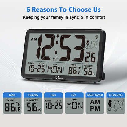 WallarGe Atomic Wall Clock with Backlight, Digital Wall Clock Battery Operated for Classroom, Bedroom, Office, Large Display with Indoor Temperature, Humidity, Date, AUTO DST, 6 Time Zones