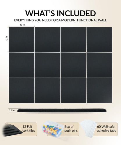 Large Felt Bulletin Board 48" x 36" with Push PINS & Wall Safe Adhesive Tabs – Modern Large Cork Board for Walls in Home or Office, Versatile Felt Board Layout, Cork Board, Vision Board, Dream Board