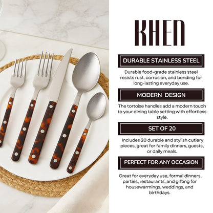 Khen Premium Stainless Steel Flatware Set, 20 Piece Tortoise Cutlery Collection, Mirror Polished Tableware Utensils for Kitchen Dining, Elegant Modern Design with ABS Handle, Durable Dinnerware