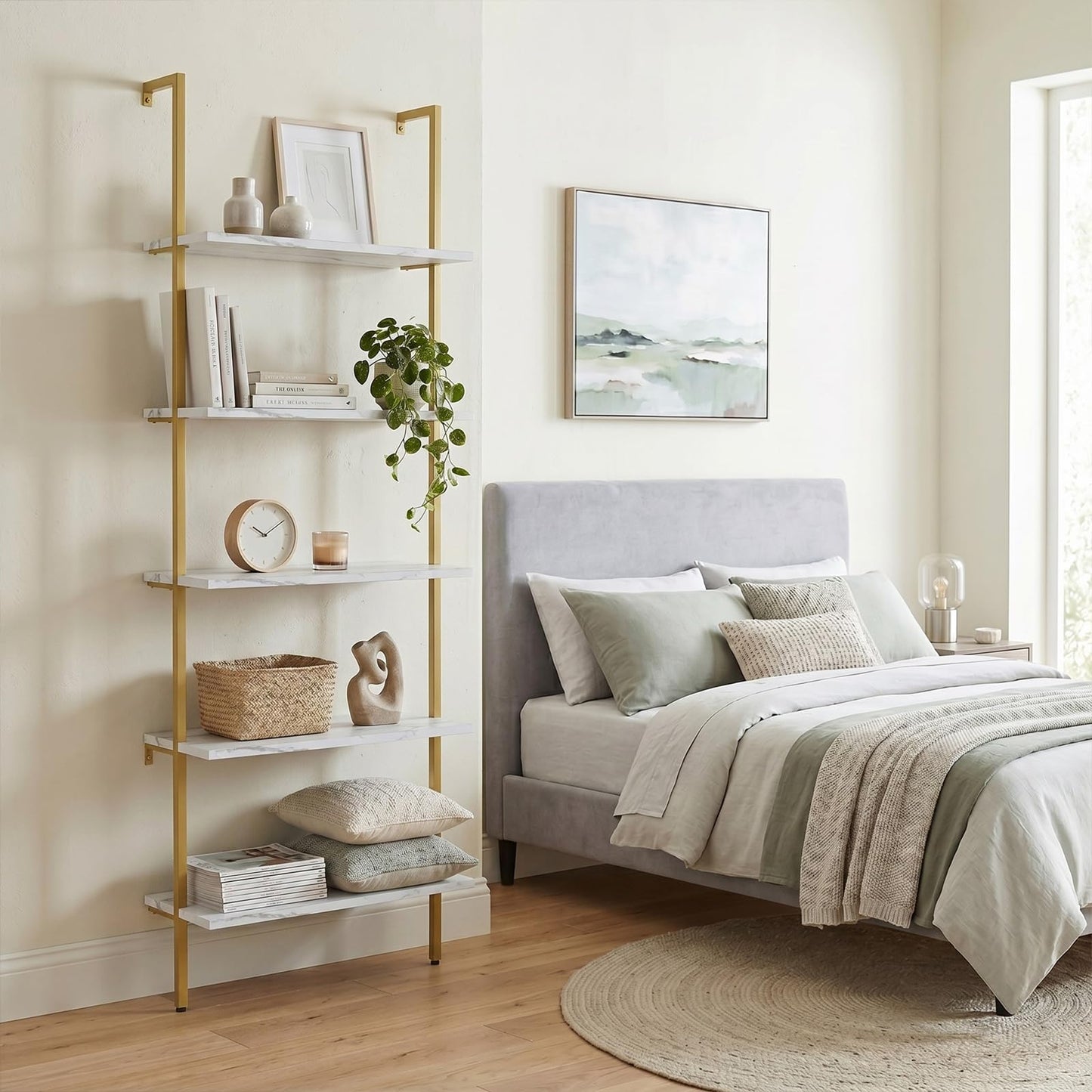 aboxoo Ladder Shelf 2PCS White Marble Bookshelf 5-Tier Wall-Mounted Wood Rack Open Industrial Modern Plant Flower Stand Utility Organizer Bookcase Metal Frame Furniture Office Kitchen Bedroom