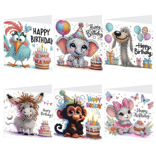 Focart 6-Pack Pets Birthday Diamond Painting Greeting Card Kits, Special Shaped Diamonds Painting, DIY Handcraft for Relatives and Friends with Wishes,Unique Design Crafting for Birthday Cards