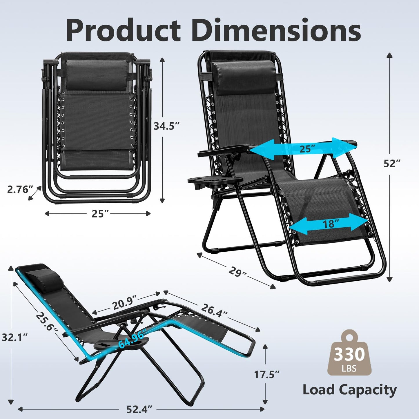 MAKE CHANGES Zero Gravity Chairs Set of 2, Adjustable Lounge Chair Outdoor Recliner, Folding Reclining Lawn Chair, Anti Gravity Chair with Pillow & Cup Holder for Pool Camping Sunbathing Beach Patio