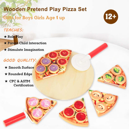 WoodenEdu Cutting Play Food Toy for Kids Kitchen,Wooden Pizza Set Pretend Play Kitchen Accessories,Learning Toy Birthday Gifts for Boys Girls Toddlers (6 pcs Set)