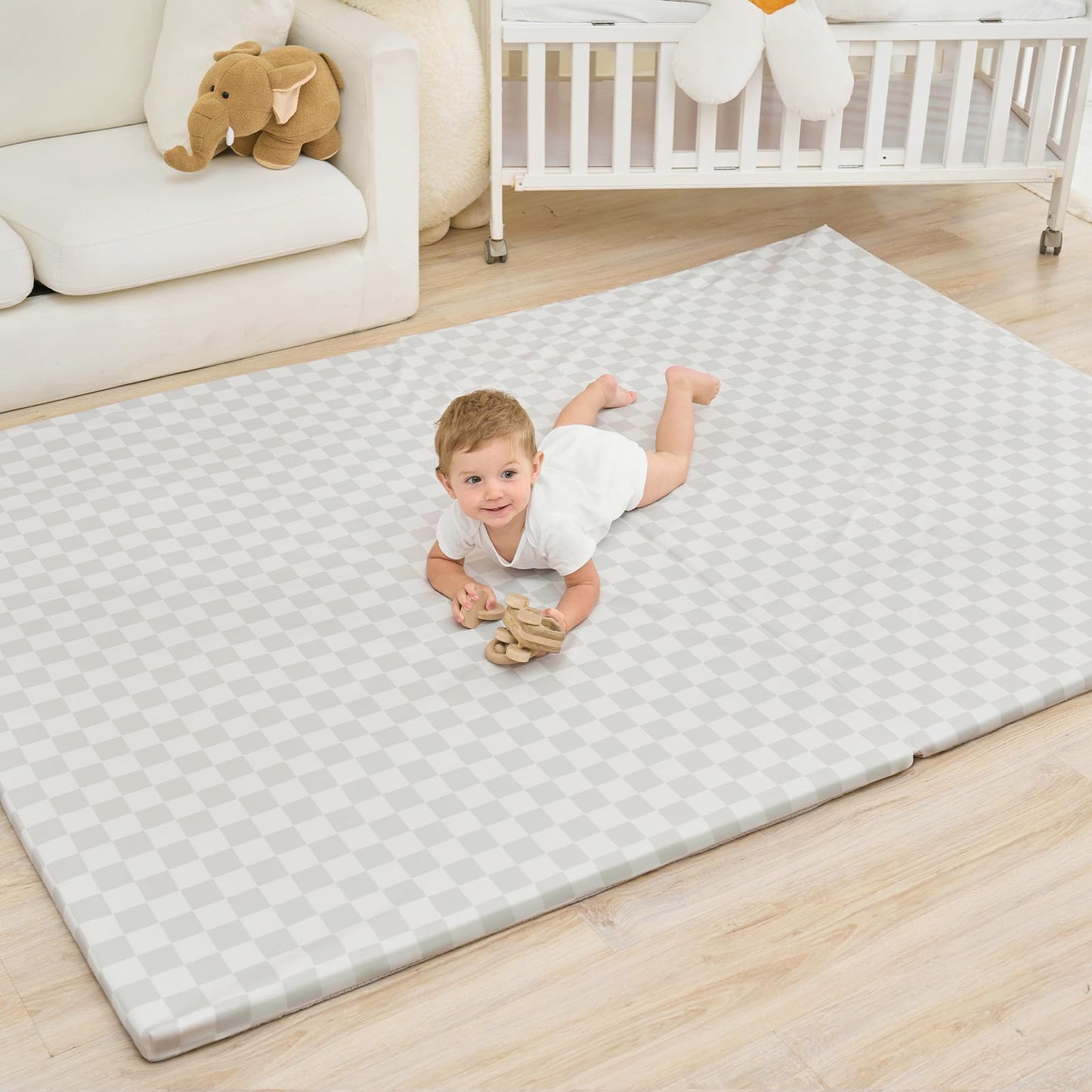 Yumiio Large Vegan Leather Baby Play Mat for Floor,1.3"Thick Foam 59x82 Foldable Waterproof Kids Play Mat,Stylish and Just Wipe-Clean Playmat for Baby Play on Floor (Grey Checker)