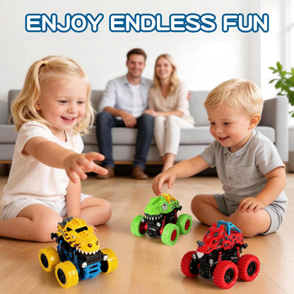 TGXLAK Dinosaur Toys for 2 3 4 5 Year Old Boys - 3 Pack Monster Truck Toys with Friction Power 360° Rotating Push and Go Cars for Toddlers Ages 2-4-6 - Boys Girls Birthday Gifts for Kids 3-5