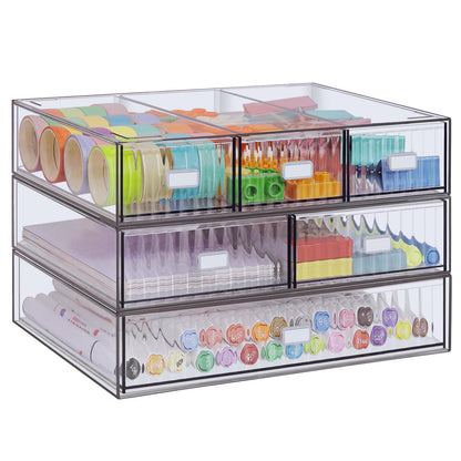 3 Tier Stackable Desk Organizer with 6 Drawers, YOCOMEY Plastic Desktop Storage Box Drawers, Detachable Makeup Storage Office Stationery Supplies Organizer for Office School(Clear)