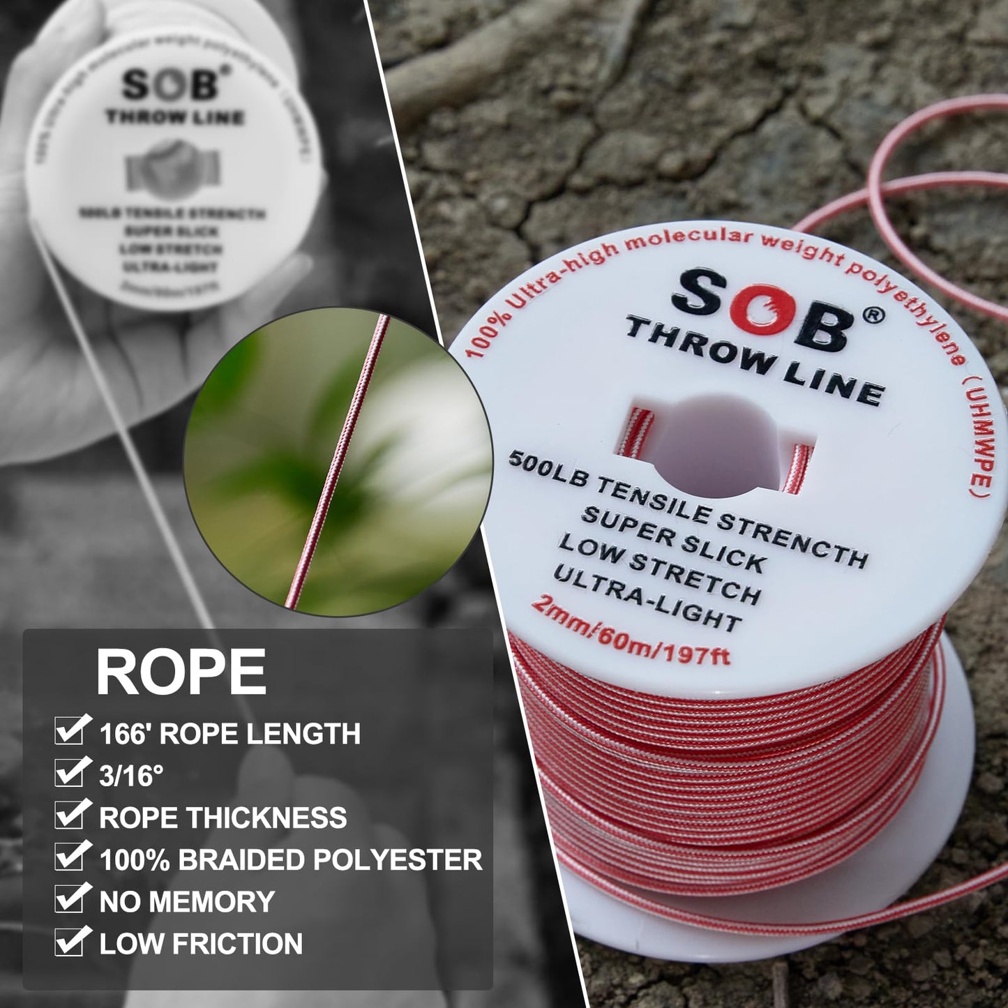 SOB Arborist Throw Line Kit with Slick Rope 197FT, Throw Weight, Reflective Storage Bag, Suit for Tree Cutting,Camping, Trimming, Hanging Swing ﻿ (197FT Rope with 8.8Oz Throw Bag)