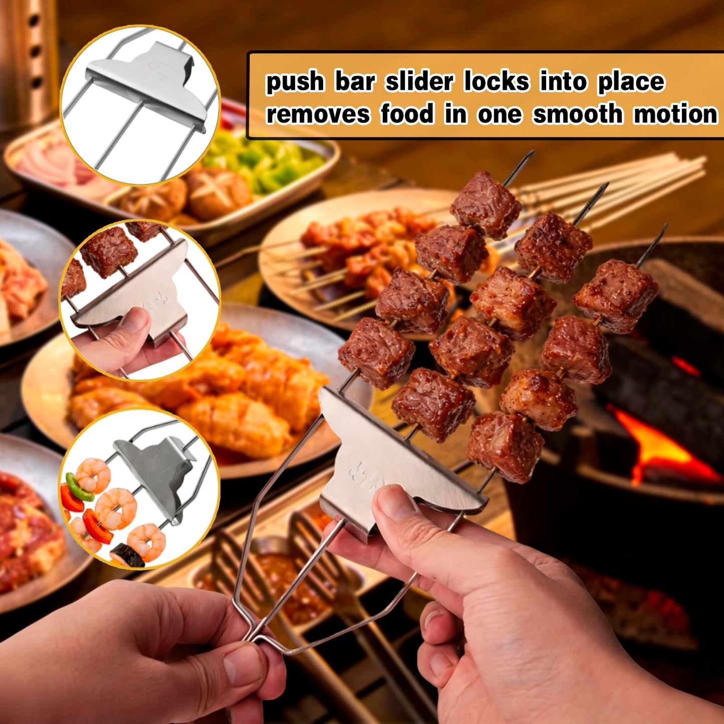YQGQSUAK 7 Pack 15 Inch 3 Prong Kabob Skewers, Stainless Steel Grill Skewers with Push Slider Bar, Reusable Metal BBQ Sticks for Meat, Chicken, Veggies and Outdoor Cooking