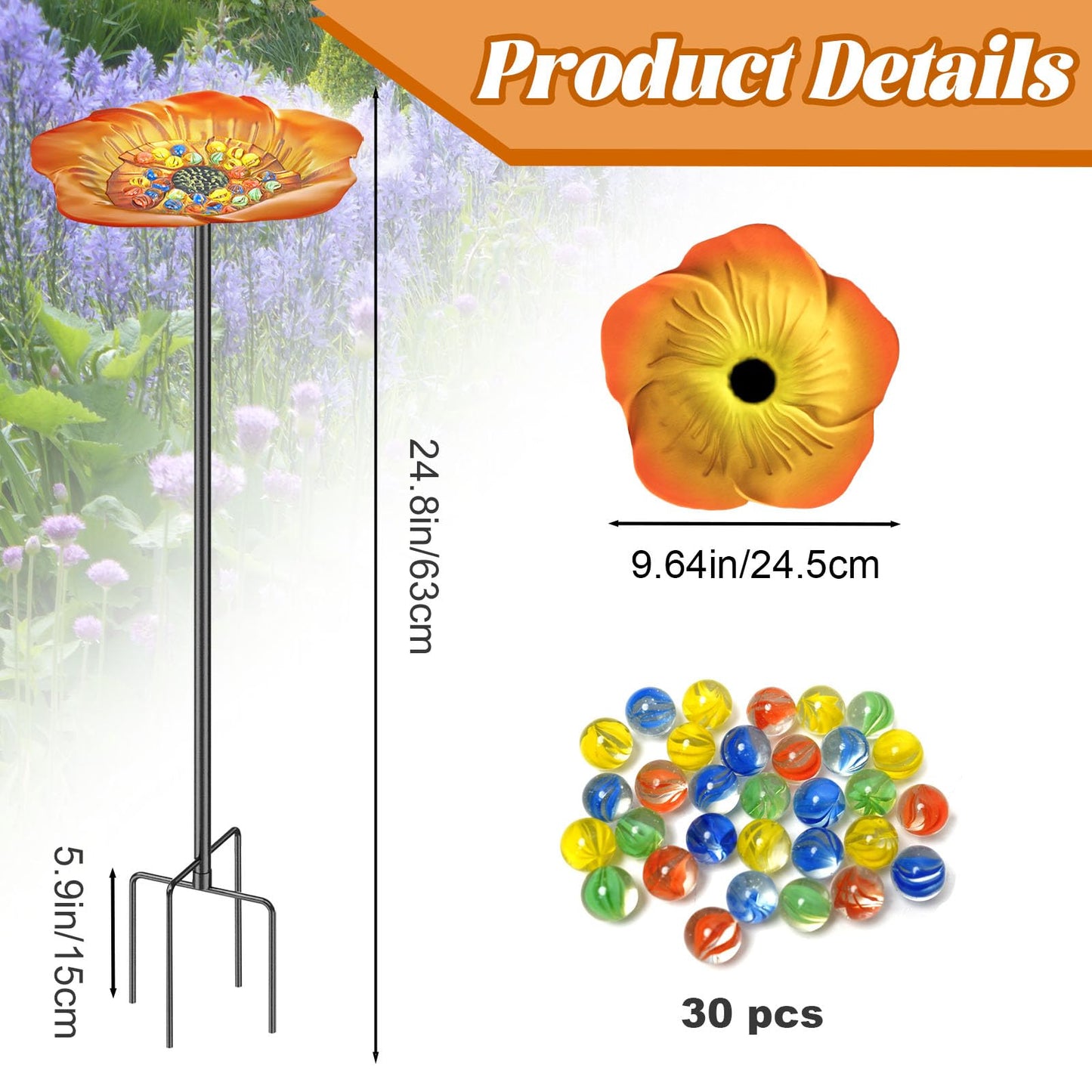 MeyRolizn Bee Butterfly Watering Station, 4 Prongs Base Stake Butterfly Bee Feeder for Garden with Glass Marbles, Bee Bath with Vivid Flower Design for Garden Yard Patio Decor (Orang Yellow)