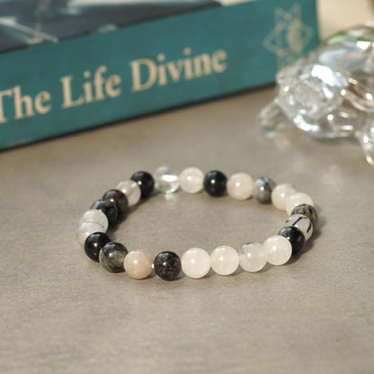 Crystal Agate Bracelets - Manifestation Bracelet - Natural Black Rutile Beaded Stretch Bracelet 8mm - Unisex Adult Yoga Bracelet - White-Black