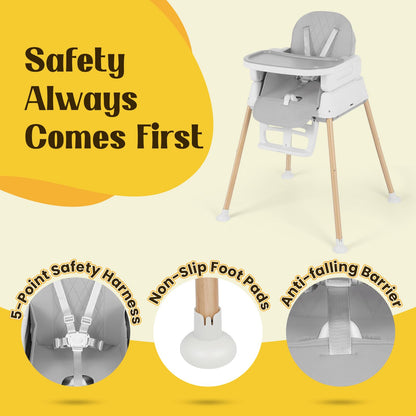 5-in-1 Baby High Chair, Convertible Booster & Play Chair, Portable Foldable Lightweight, Easy to Clean with Tray, for Babies Toddlers 6-36 Months, Gray