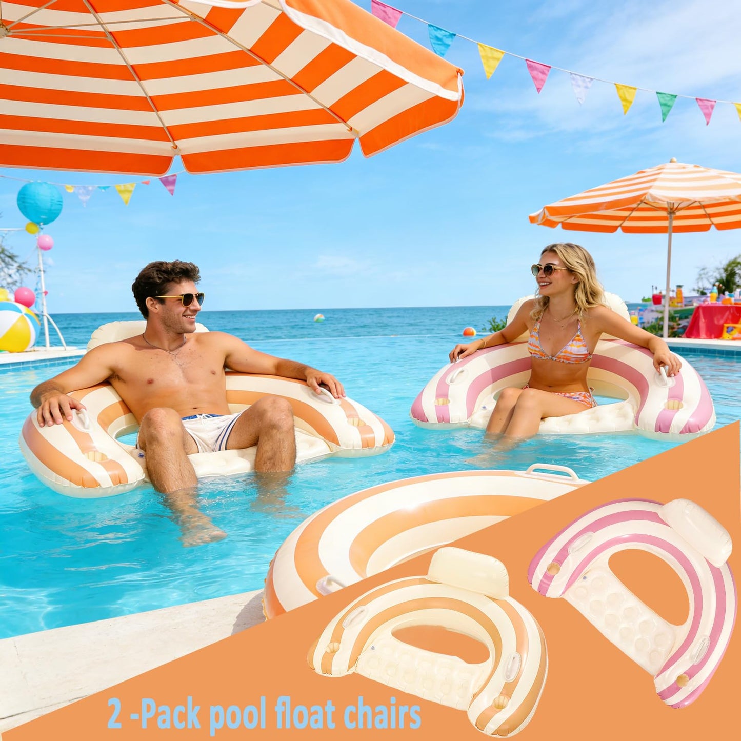Pool Floats Chairs， Adult Inflatable Pool Lounge， Sit in Float Inflatable Pool Float Pool Lounge with Heavy-Duty Handles – 300lb Weight Capacity -Blue (Pink-Orange)
