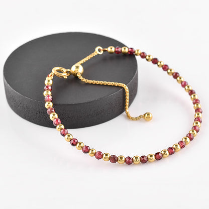 QNAVIC Red Garnet Dainty Slider Link Bracelet For Women, Chakra Healing Crystal Gemstone January Birthstone, Gold Plated Ball 6-8 Inches Adjustable Christmas and Birthday Gifts for Her