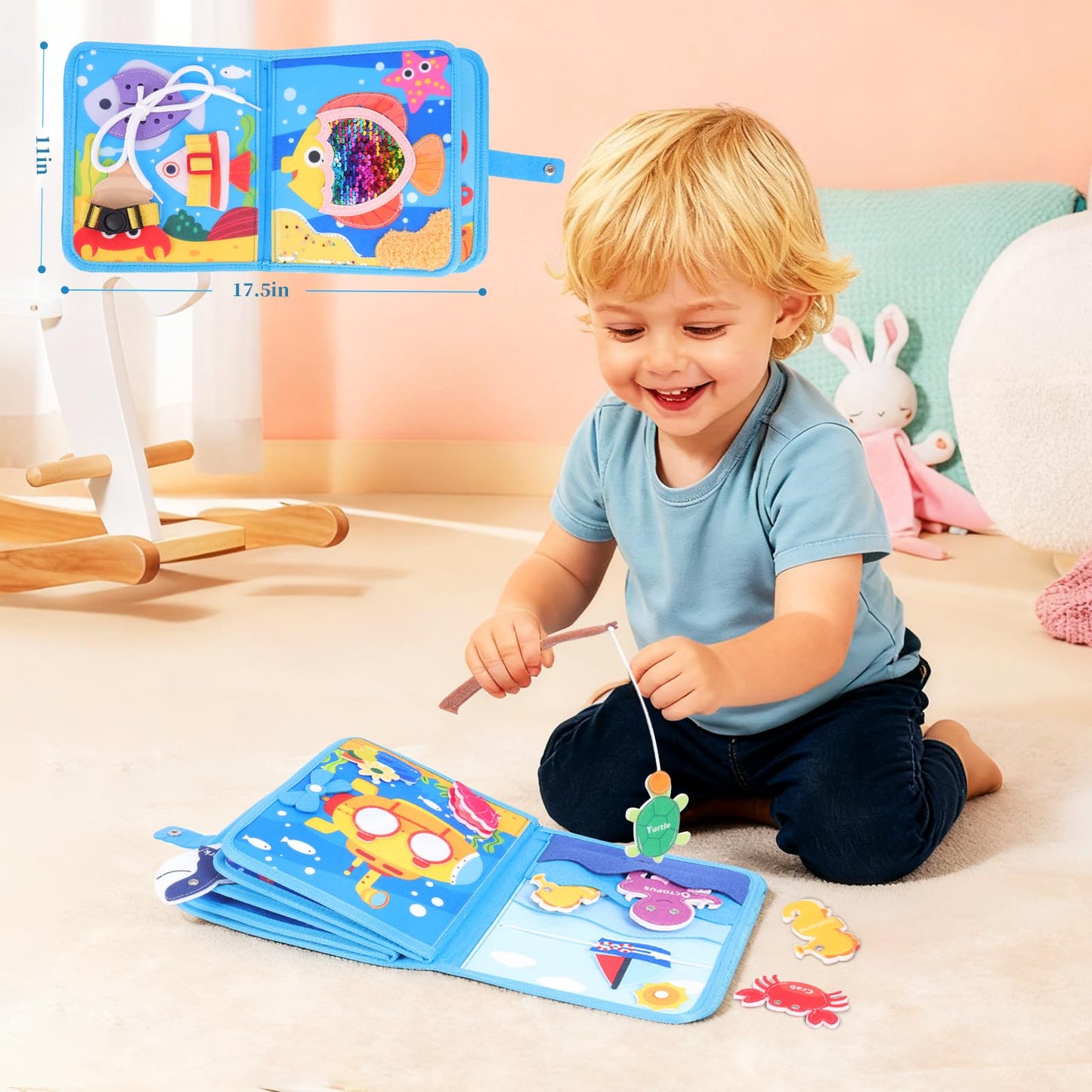 FoenixArte Ocean Busy Book for Toddlers 1-3, Montessori Quiet Book with 20 Activities, Travel Toy for Fine Motor Learning, Gift for Boys Girls