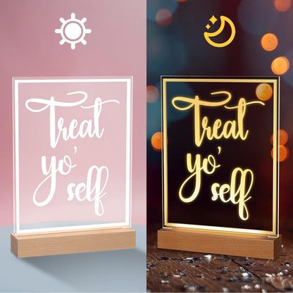Hoolerry LED Acrylic Bar Table Sign 8" x 10" Neon Acrylic Table Centerpiece, Snack Candy Bar Centerpiece with Stand White Text for Dessert Flower Room Decor (Treat Yoself)