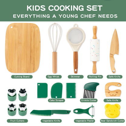 17 PCS Kids Knife Set for Real Cooking, Montessori Kitchen Tools for Toddlers, Cooking and Baking Set for Kids Little Chefs, Crinkle Cutter, Cutting Board, Safe Knife