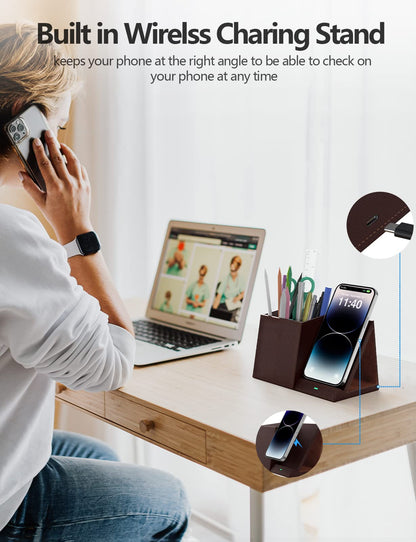 Desk Supplies Organizer, Multi-Functional Pencil Pen Holder with Wireless Charger, Desktop Stationery Organizer, Home Office Supply Storage Box Caddy (Brown)